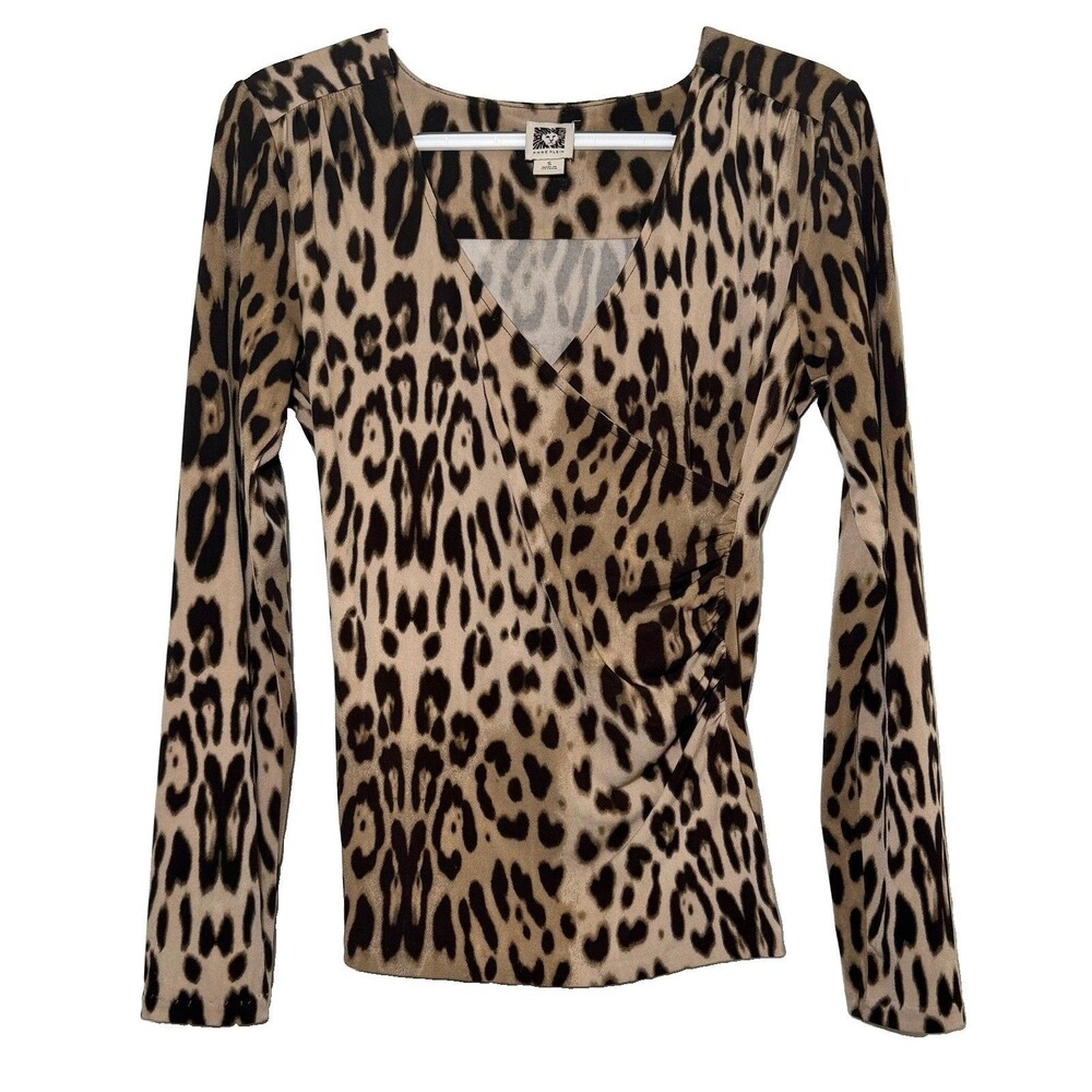 Anne Klein Leopard Print Faux Wrap Top Women’s Small Ruched Long Sleeve